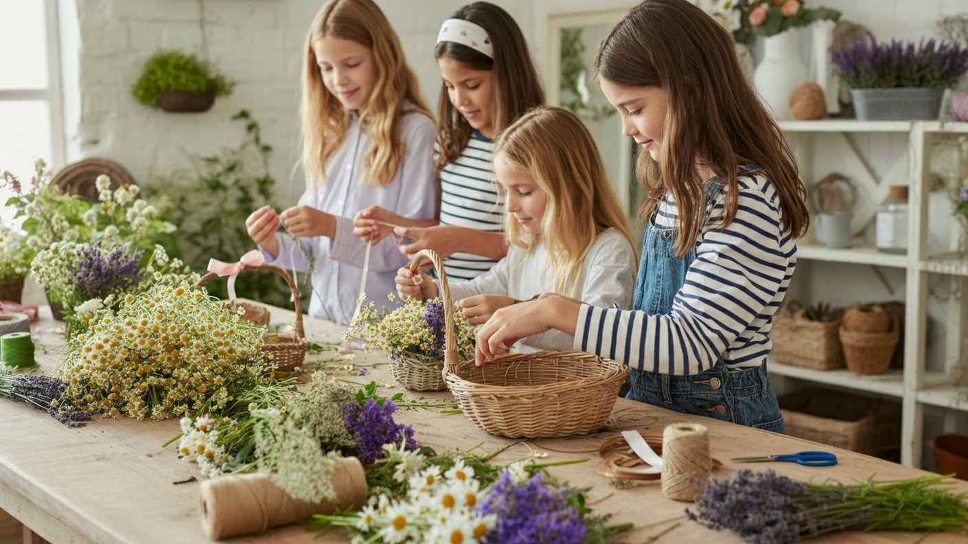 Atelier enfant confection d'un panier fleuri champêtre