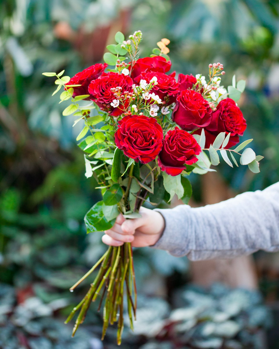 Schilliger Fleurs - Bouquet de roses rouges et eucalyptus pour la Saint-Valentin - Fleuriste à Gland