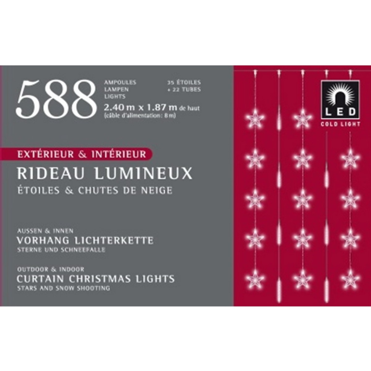   Rideau lumineux Int./Ext. LED 588L. Etoiles fixes et Chutes de neiges 588L. LED  826 ampoules