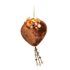   Cœur velours Fleurs et Perles brun Brun caramel 11cm