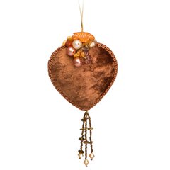   Cœur velours Fleurs et Perles brun Brun caramel 11cm