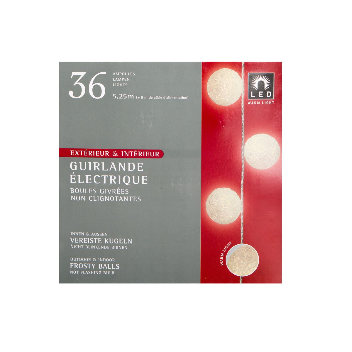   Guirlande Int./Ext. LED chaude Boules givrées 36L.  5.7m (+8m de cable d alimentation)