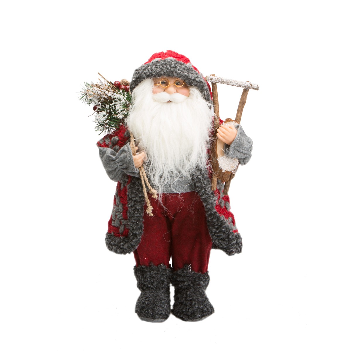   Père Noël Tricot rouge & gris avec luge en bois  40cm