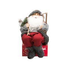   Père Noël assis Tricot rouge & gris avec luge en bois  40cm