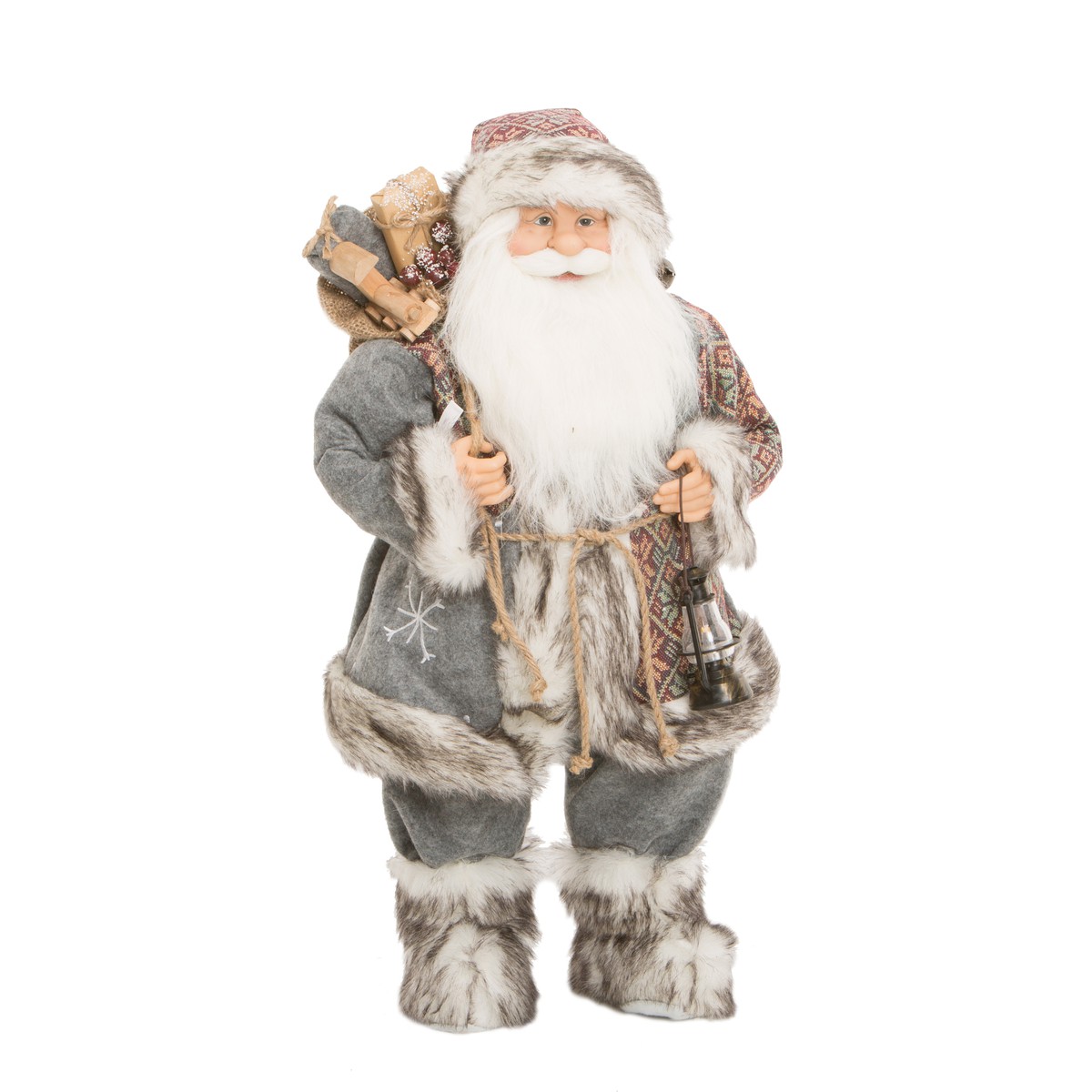 Figurine Père Noël Avec Lanterne - Décoration De Noël Blanche Et Marron, 30 Cm De Haut