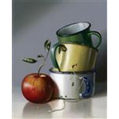   Tableau Stacked cups with apple  25.4x20.32cm