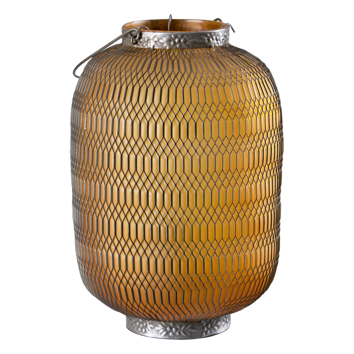   Lanterne Allongée nid d’abeille en verre coloré Jaune paille 19x19x28cm