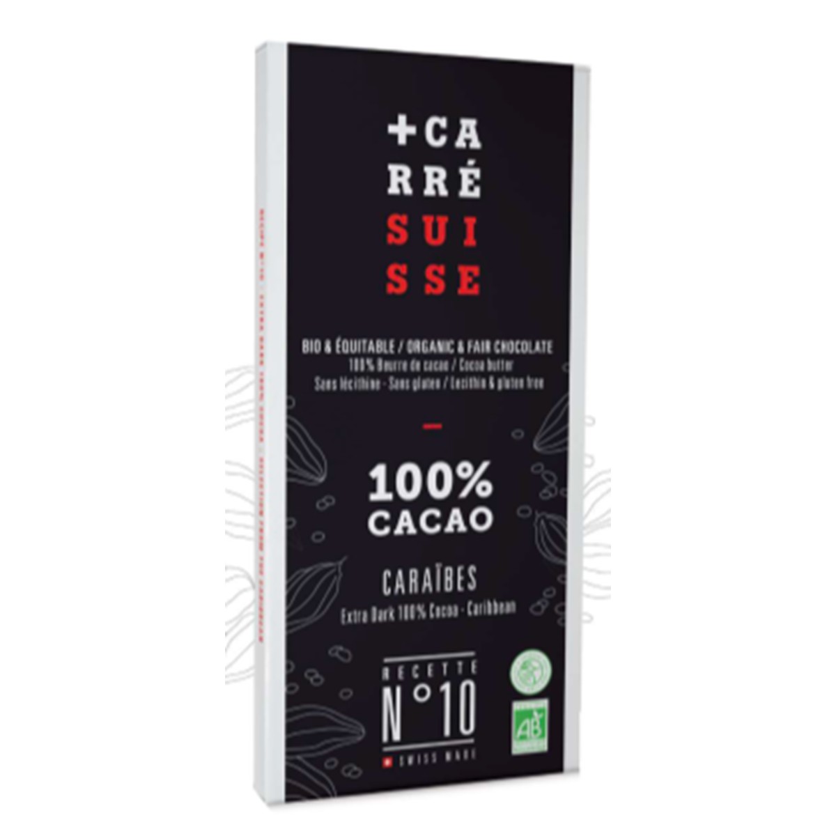 Carré Suisse  Chocolat noir 100% Cacao Caraïbes Bio  80gr