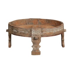 Les Restaurés, by Schilliger  Table d'appoint moulin à grains en teck ancien  70x70x30cm