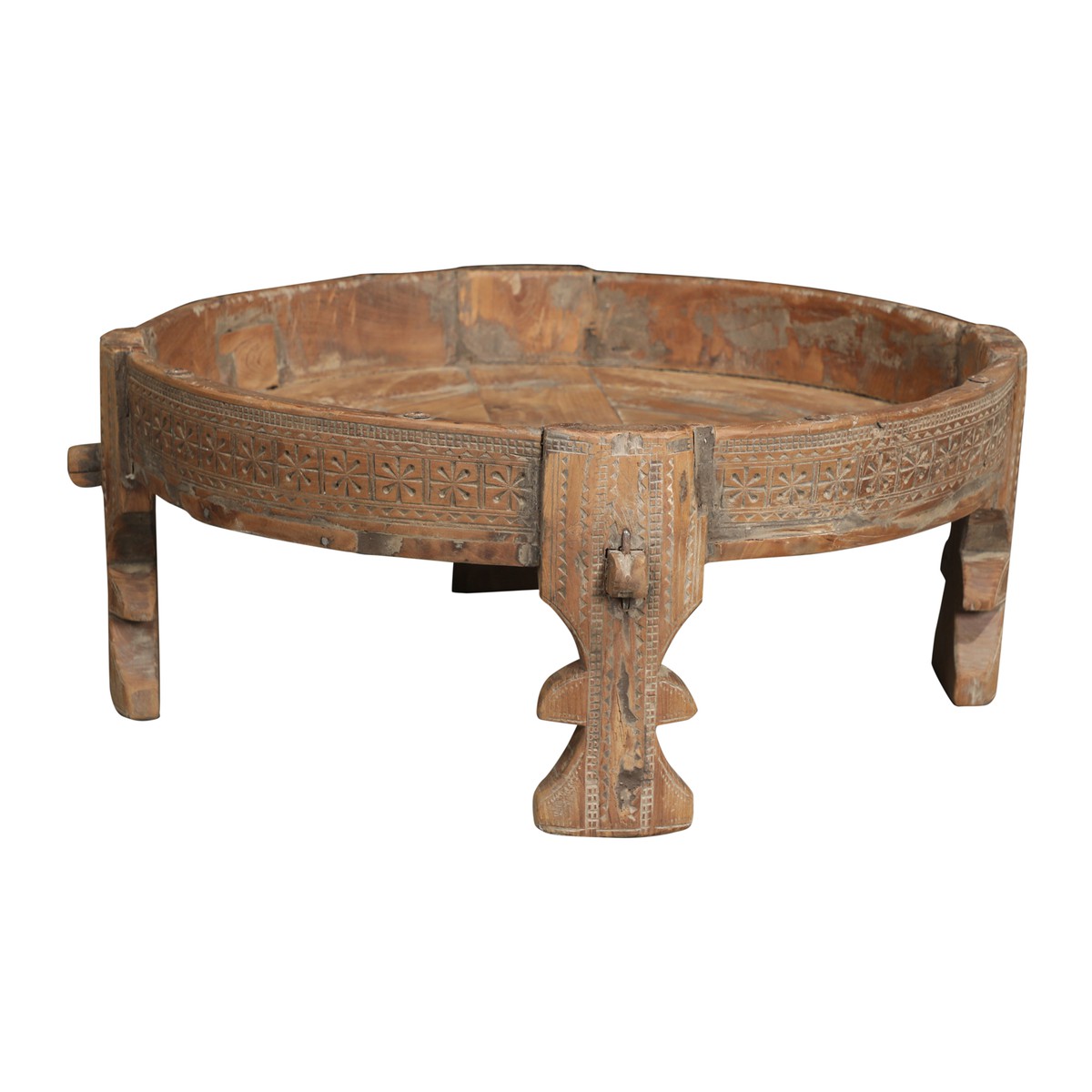 Les Restaurés, by Schilliger  Table d'appoint moulin à grains en teck ancien  70x70x30cm