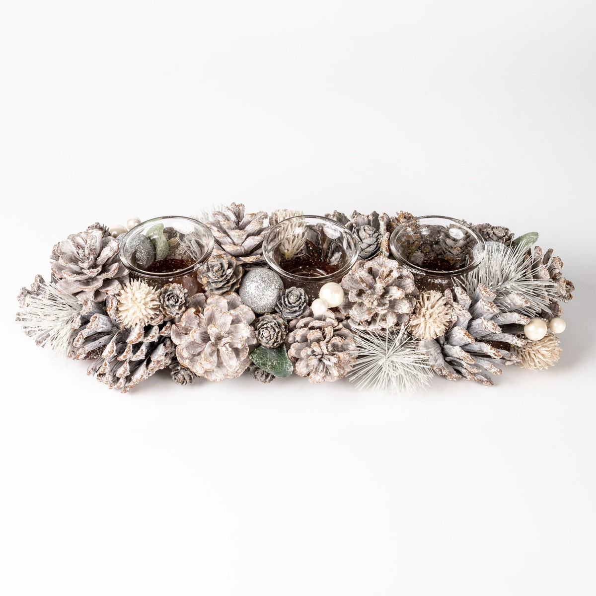 Porte-bas De Noël Argent Lourd, Avec Pomme De Pin Et 2 Bougeoirs Assortis