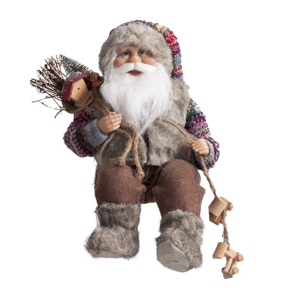 Schilliger Design  Père Noël assis Beige avec train dans la main  40cm