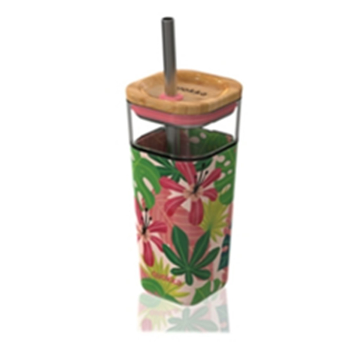 Kusmi Tea  Mug en verre Liquid Cube Pink Jungle, av. paille inox  54cl