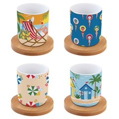 Easy Life A La Plage Coffret 4 Tasses expresso A La Plage avec soucoupe en bambou  110ml