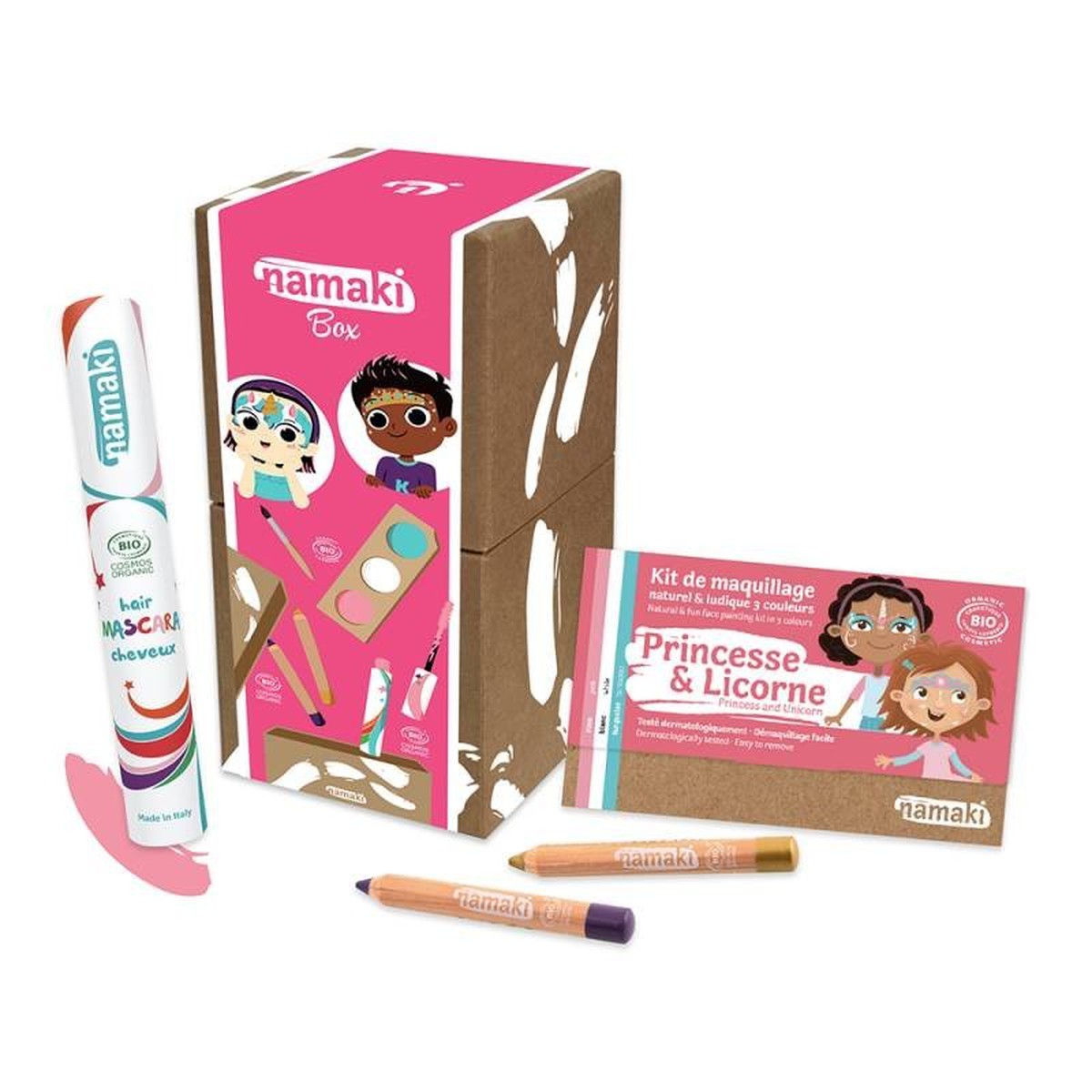   Namaki Box Enchantée Kit 3 Princesse & Licorne - Mascara cheveux Rose - Crayon de maquillage Violet - Crayon de maquillage Or  
