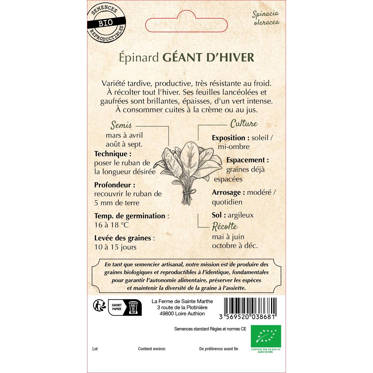 Ferme de Sainte Marthe  Épinard Géant D'Hiver  nbr de graines 200