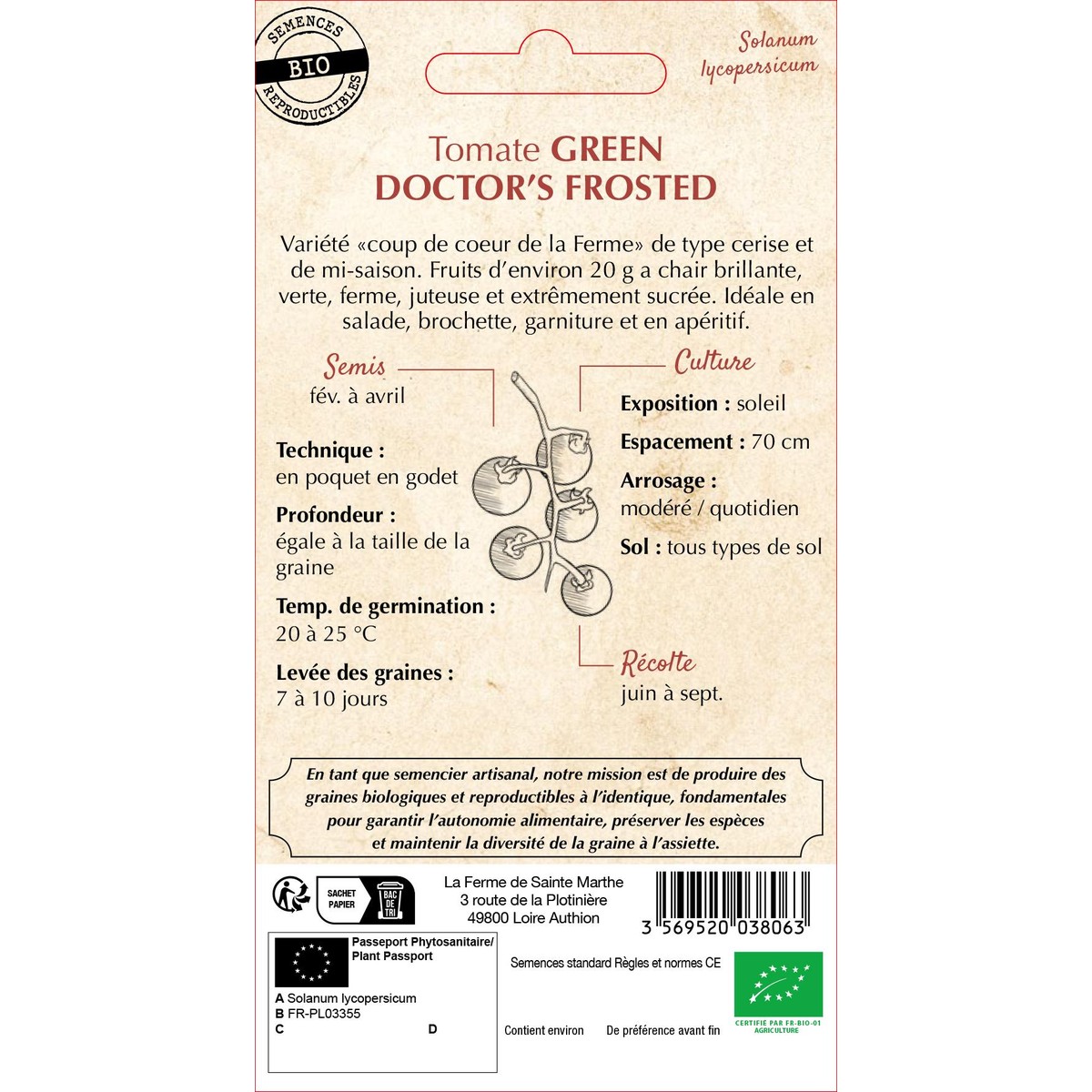 Ferme de Sainte Marthe  Tomate Green Doctor'S Frosted  nbr de graines 30
